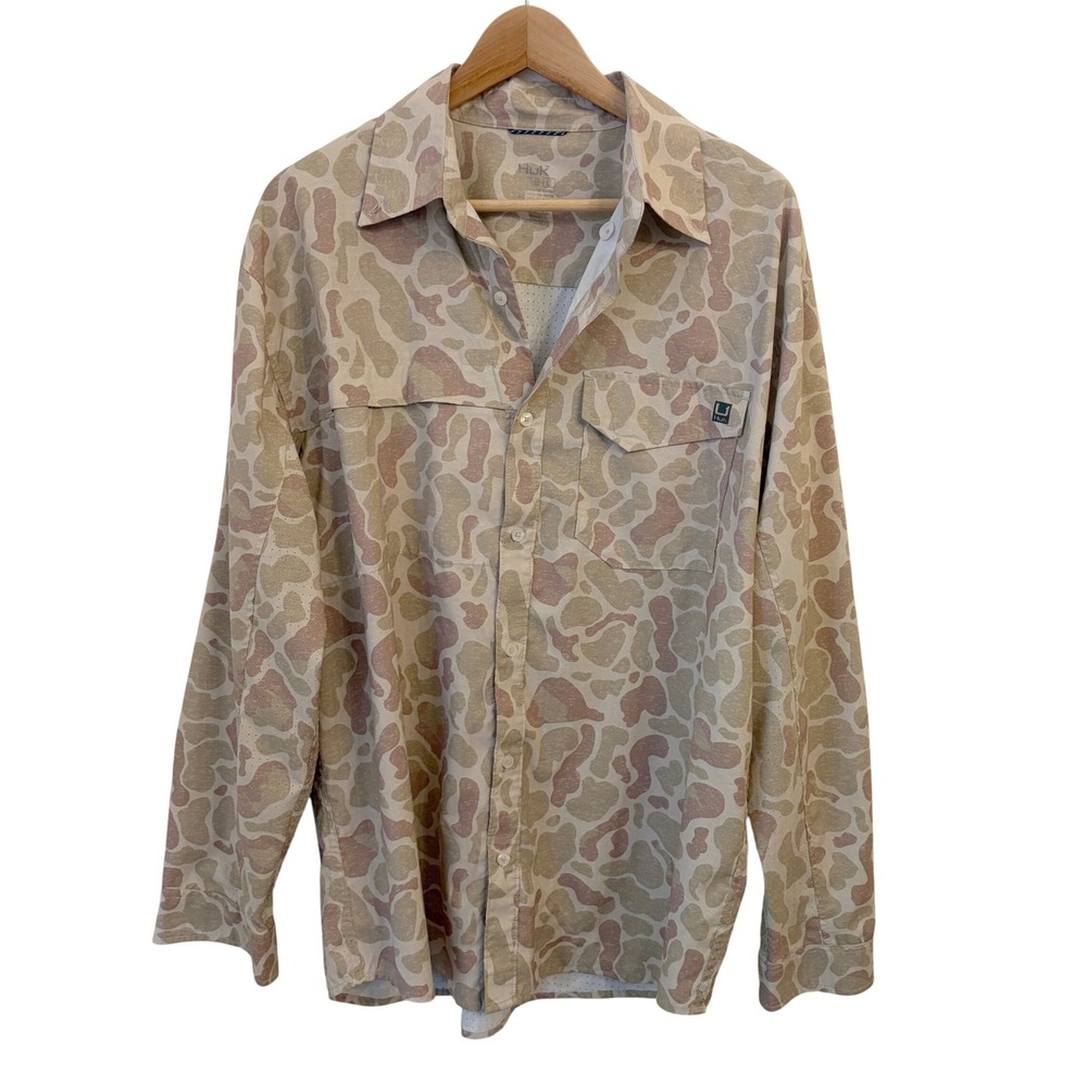 Huk Fishing Shirt Mens L Vented Performance Camo KC Print Tide Point Button-Down